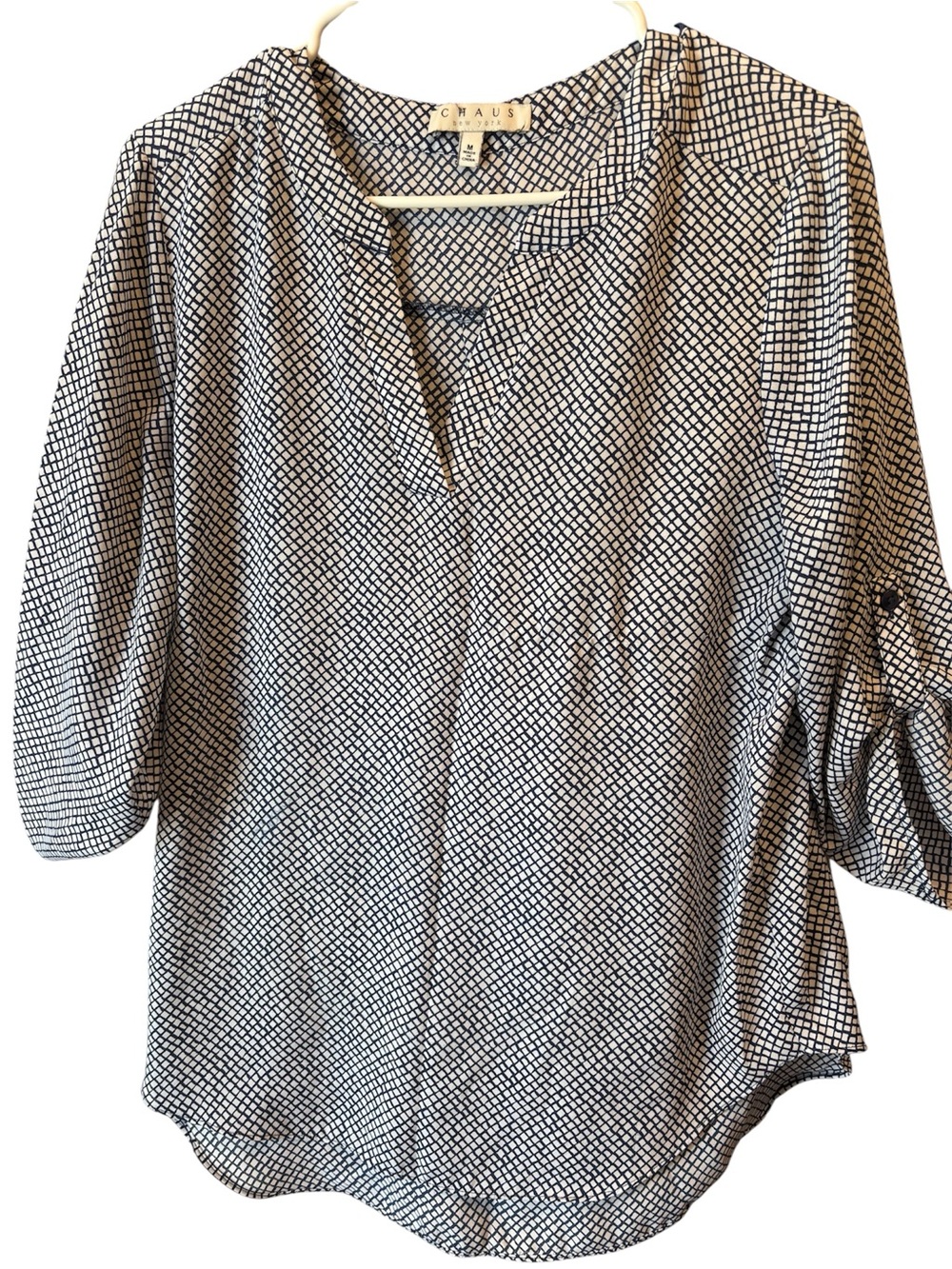 Chaus Black & White Diamond-Grid V-Neck Blouse